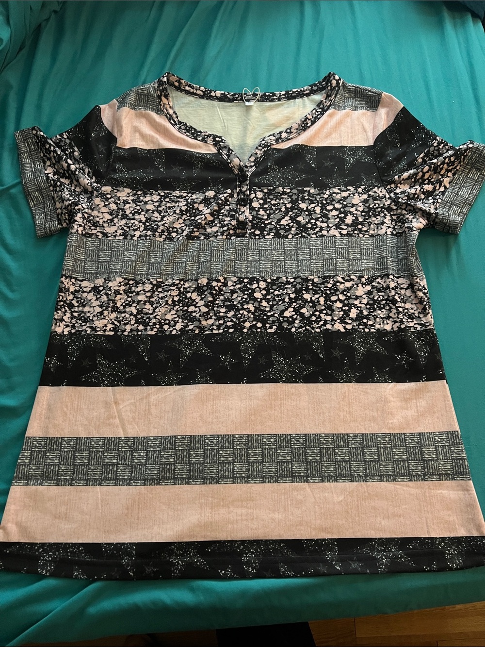 Striped Short Sleeve Henley Top in Pink and Black